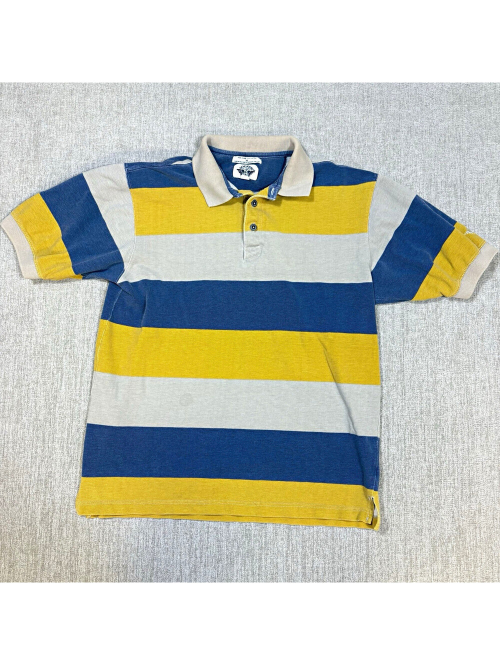 Vintage 90s Dockers Polo Shirt Mens M Wide Striped Blue Yellow Beige Rugby